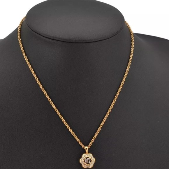 Nina Ricci Goldplated Necklace W/Rhinestone Logo Pendant EUC! - Picture 1 of 14